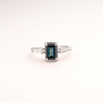 Blue Emerald Cut Lab Grown Diamond Three Stone Engagement Ring