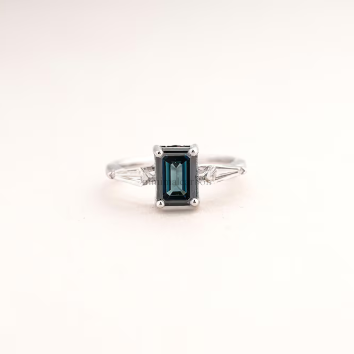 Blue Emerald Cut Lab Grown Diamond Three Stone Engagement Ring