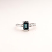 Blue Emerald Cut Lab Grown Diamond Three Stone Engagement Ring