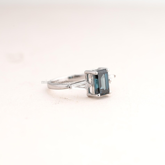 Blue Emerald Cut Lab Grown Diamond Three Stone Engagement Ring