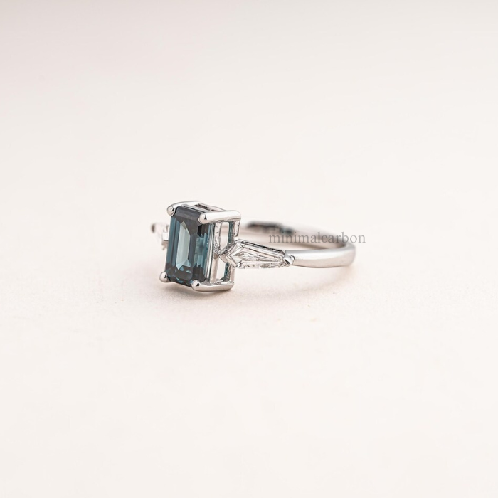 Blue Emerald Cut Lab Grown Diamond Three Stone Engagement Ring