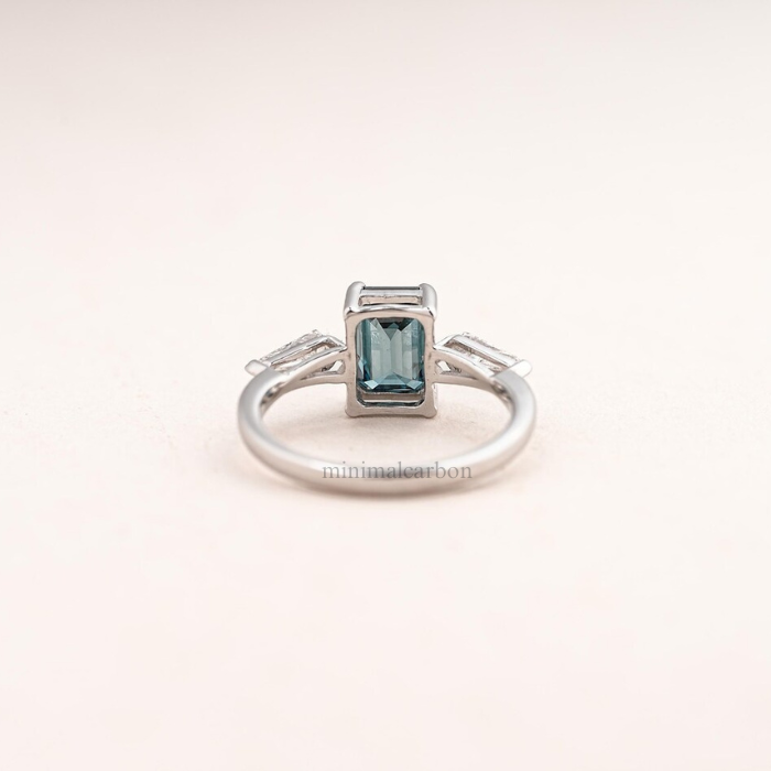 Blue Emerald Cut Lab Grown Diamond Three Stone Engagement Ring