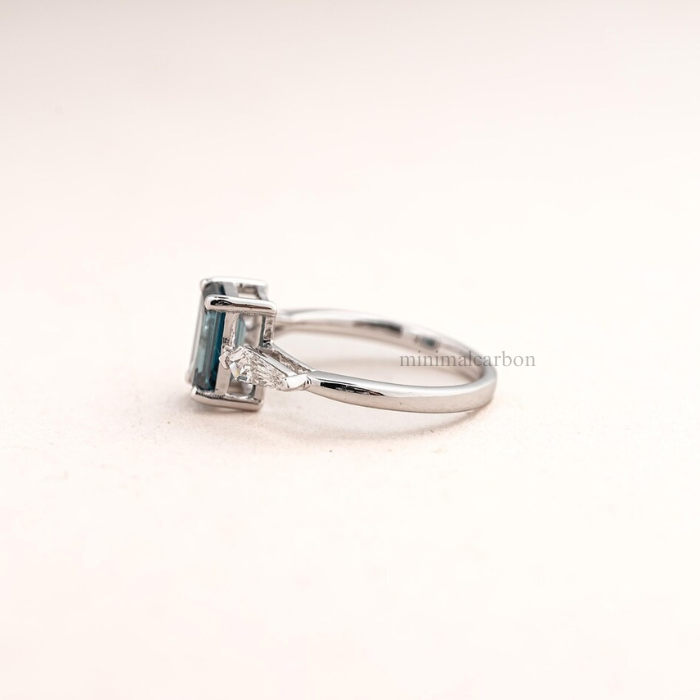 Blue Emerald Cut Lab Grown Diamond Three Stone Engagement Ring