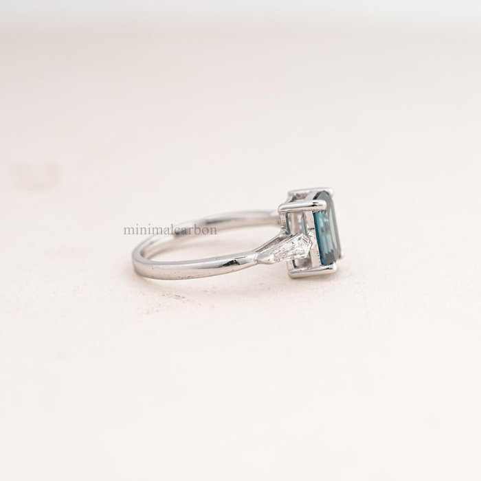 Blue Emerald Cut Lab Grown Diamond Three Stone Engagement Ring
