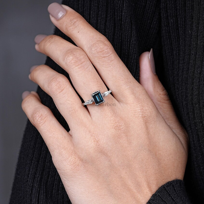 Blue Emerald Cut Lab Grown Diamond Three Stone Engagement Ring