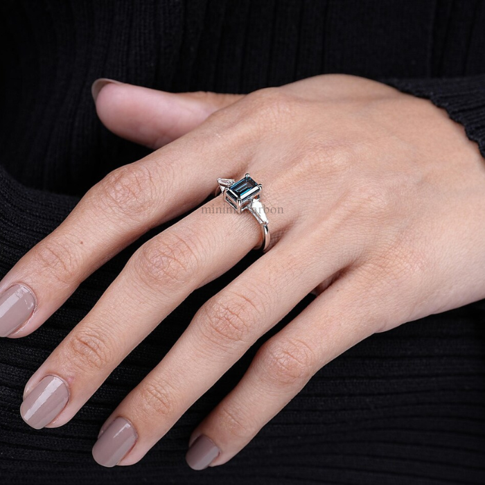 Blue Emerald Cut Lab Grown Diamond Three Stone Engagement Ring
