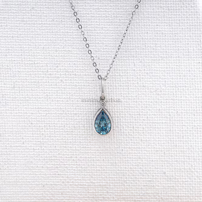 Blue Pear Shaped Lab Grown Diamond Bezel Set Pendant