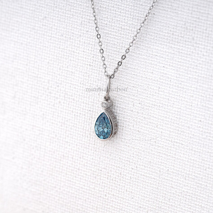 Blue Pear Shaped Lab Grown Diamond Bezel Set Pendant
