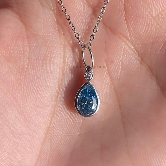 Blue Pear Shaped Lab Grown Diamond Bezel Set Pendant