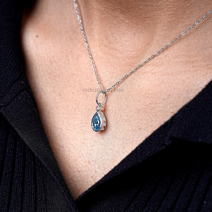 Blue Pear Shaped Lab Grown Diamond Bezel Set Pendant
