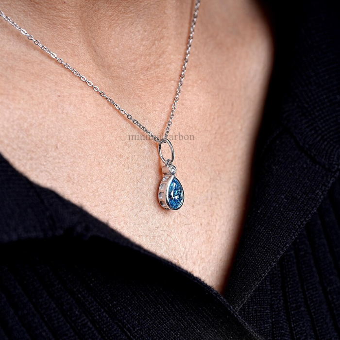Blue Pear Shaped Lab Grown Diamond Bezel Set Pendant