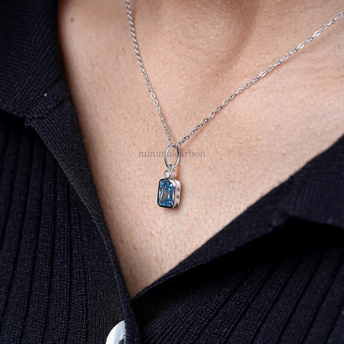 Blue Radiant Cut Lab Grown Diamond Pendant