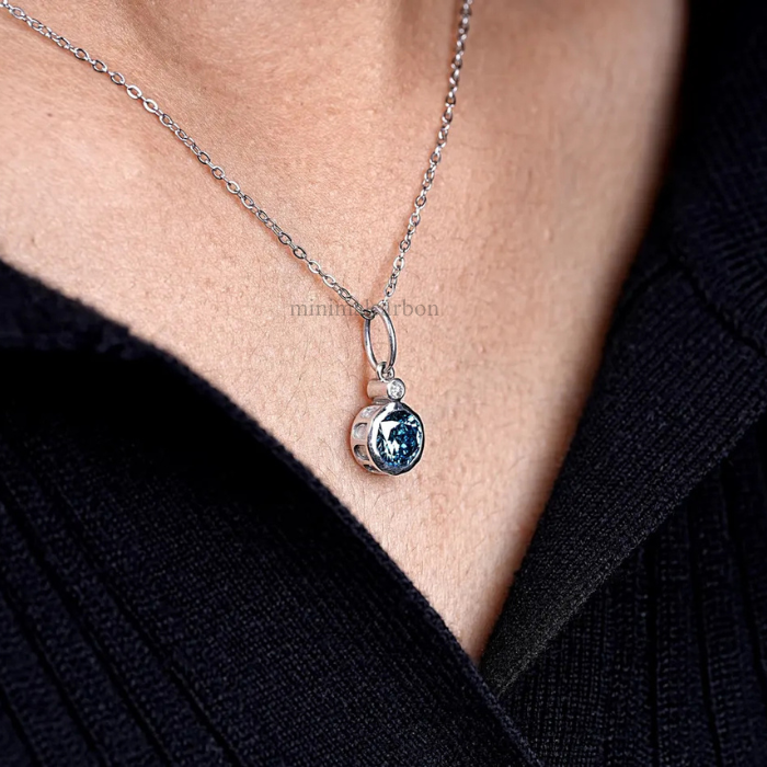 Blue Round Lab Grown Diamond Bezel Set Pendant