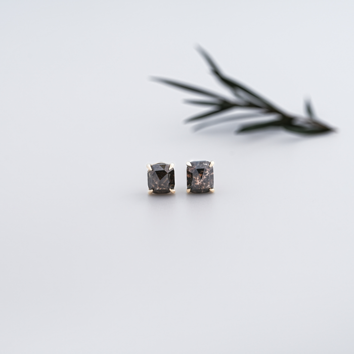 Brown Cushion Diamond Solitaire Stud