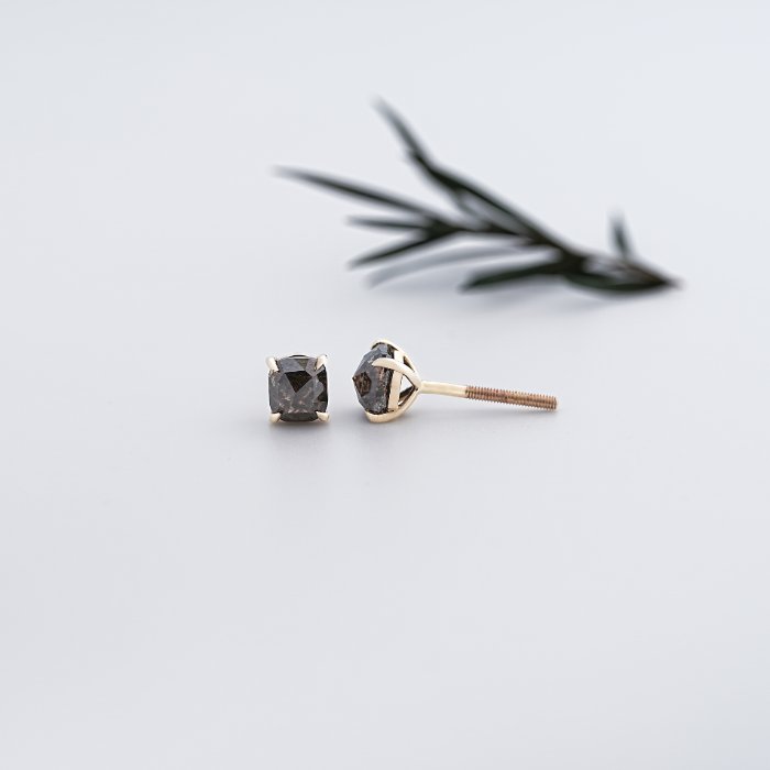 Brown Cushion Diamond Solitaire Stud