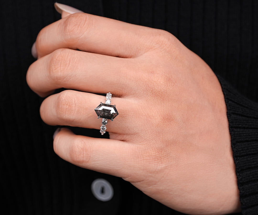 Hexagon Cut Salt and Pepper Diamond Engagement Ring with Diamond Accents