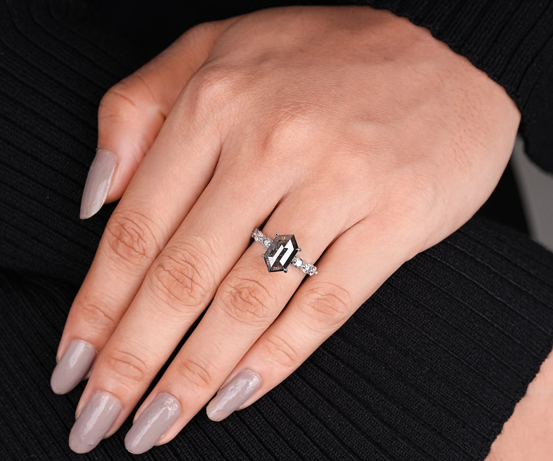 Hexagon Cut Salt and Pepper Diamond Engagement Ring with Diamond Accents