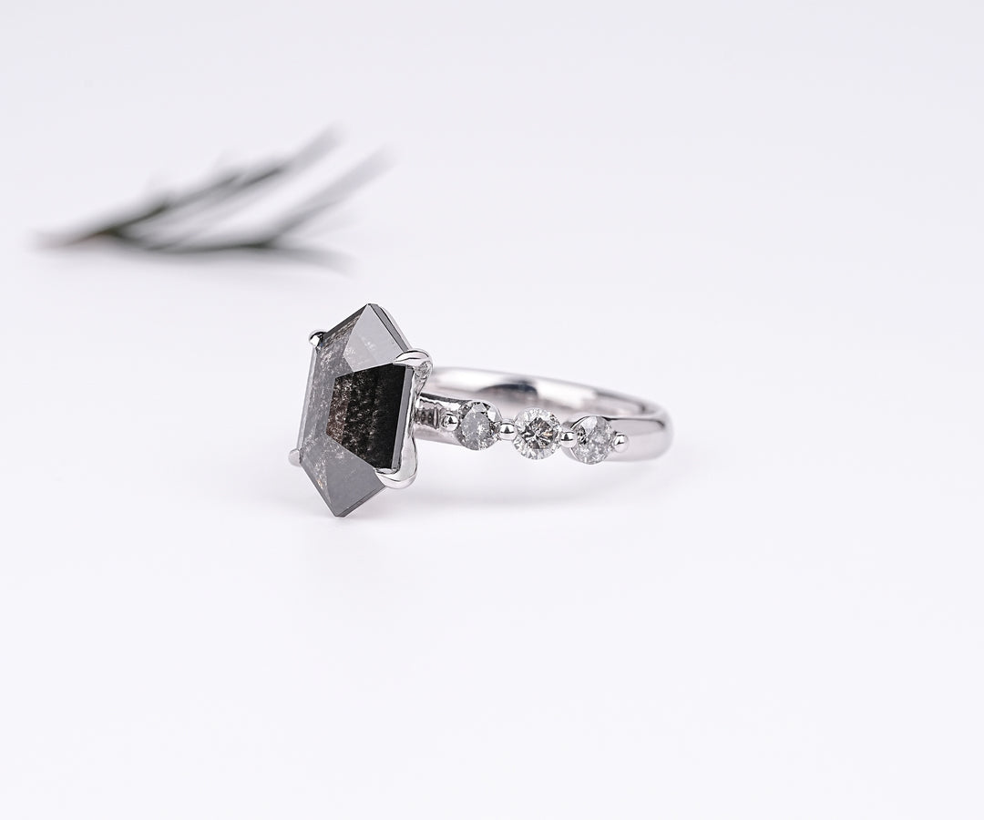 Hexagon Cut Salt and Pepper Diamond Engagement Ring with Diamond Accents