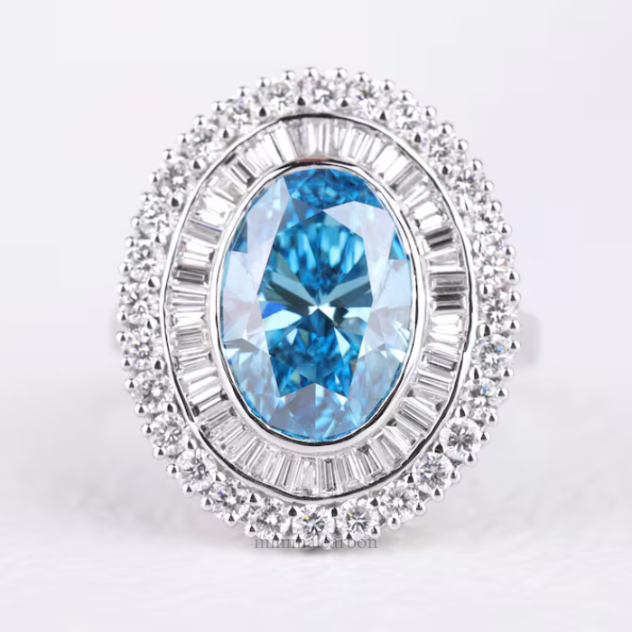 Double Halo Blue Oval Lab Grown Diamond Engagement Ring