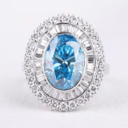 Double Halo Blue Oval Lab Grown Diamond Engagement Ring