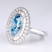 Double Halo Blue Oval Lab Grown Diamond Engagement Ring