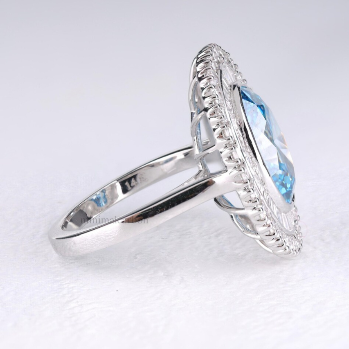 Double Halo Blue Oval Lab Grown Diamond Engagement Ring