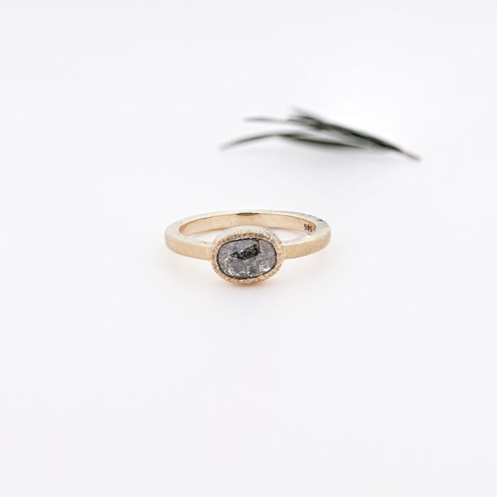 East West Oval Cut Salt & Pepper Solitaire Diamond Ring