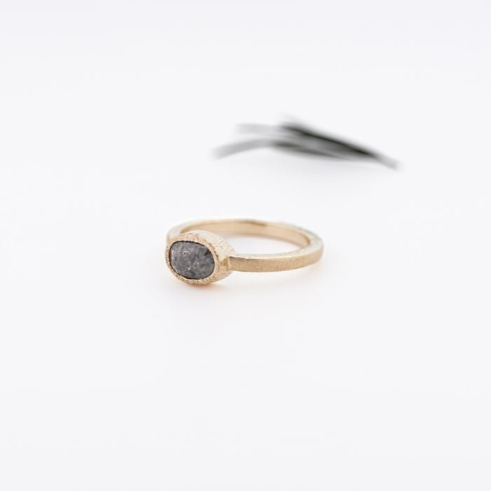 East West Oval Cut Salt & Pepper Solitaire Diamond Ring