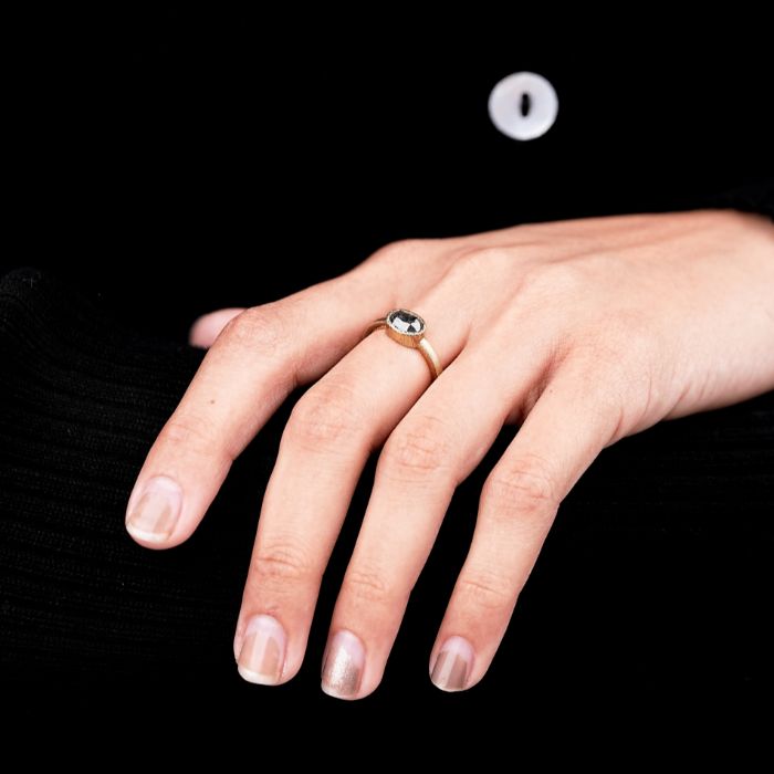 East West Oval Cut Salt & Pepper Solitaire Diamond Ring