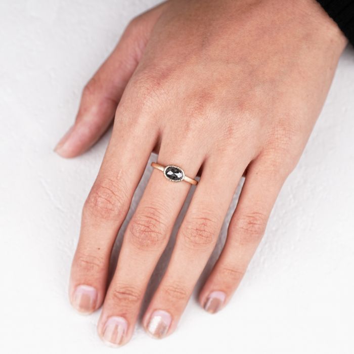 East West Oval Cut Salt & Pepper Solitaire Diamond Ring
