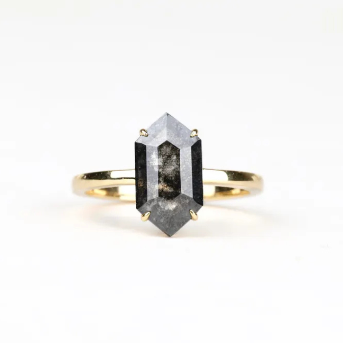 Elongated Hexagon Salt And Pepper Diamond Ring - Minimal Carbon