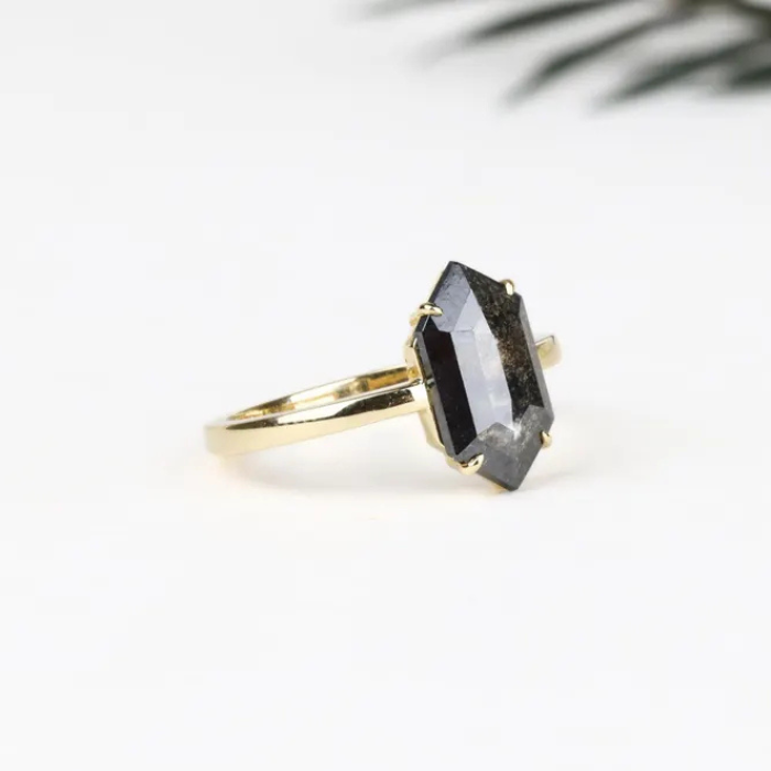 Elongated Hexagon Salt And Pepper Diamond Ring - Minimal Carbon
