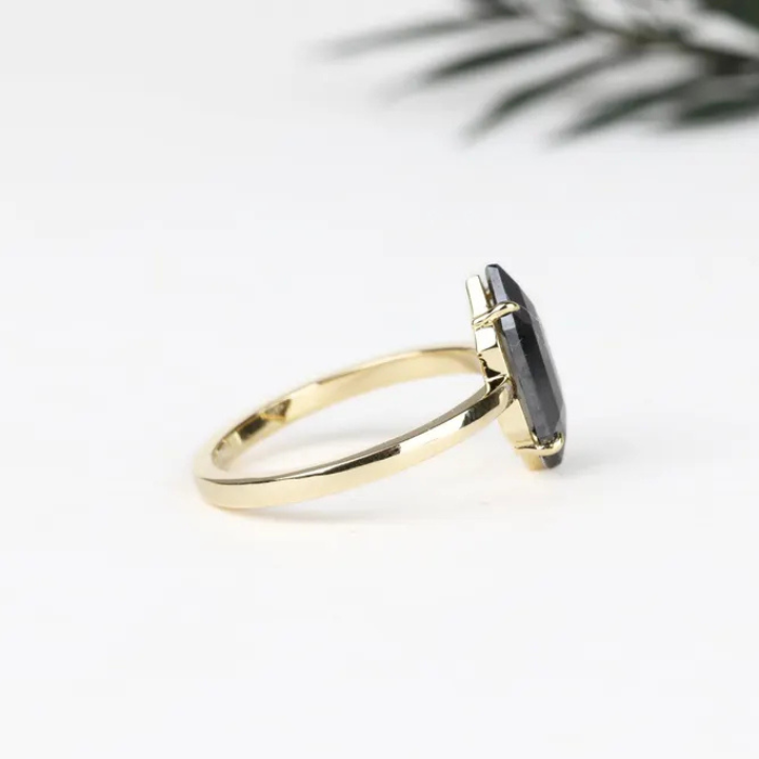 Elongated Hexagon Salt And Pepper Diamond Ring - Minimal Carbon