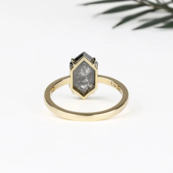Elongated Hexagon Salt And Pepper Diamond Ring - Minimal Carbon
