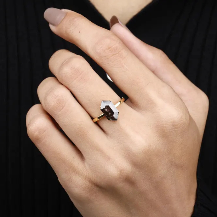 Elongated Hexagon Salt And Pepper Diamond Ring - Minimal Carbon