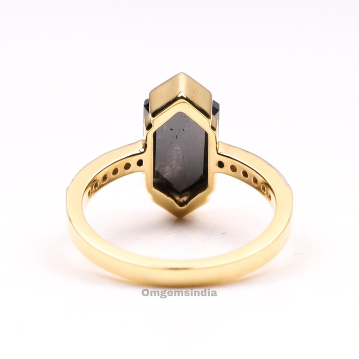 Elongated Hexagon Salt And Pepper Diamond Ring For Women - 03