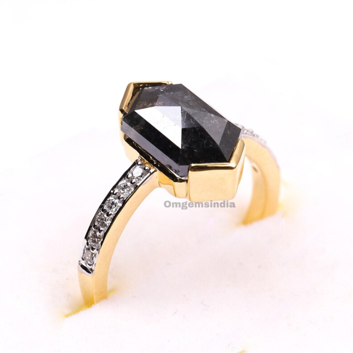 Elongated Hexagon Salt And Pepper Diamond Ring For Women - 04