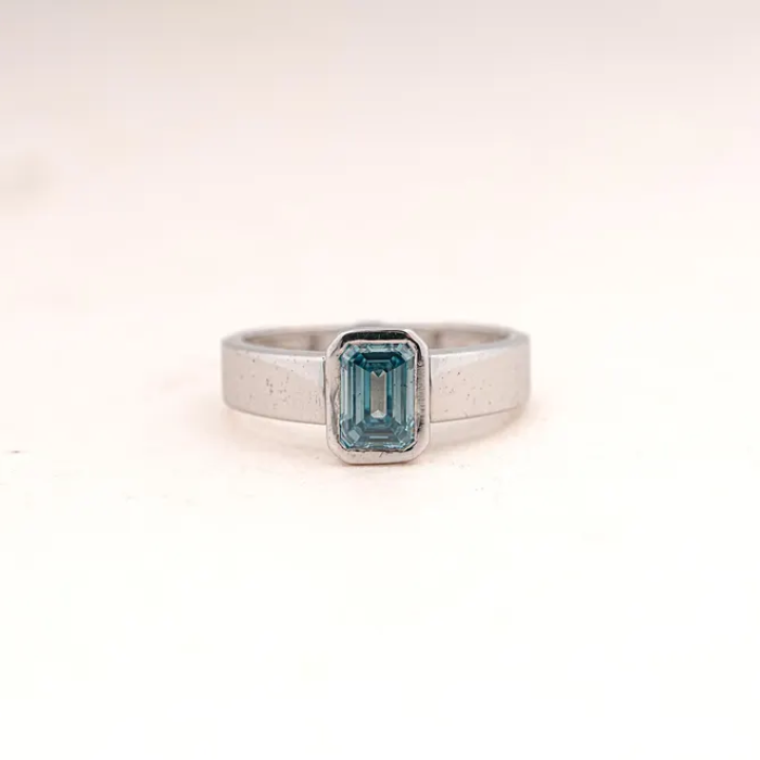 White Gold Ring with Emerald Cut Blue Gemstone - 01