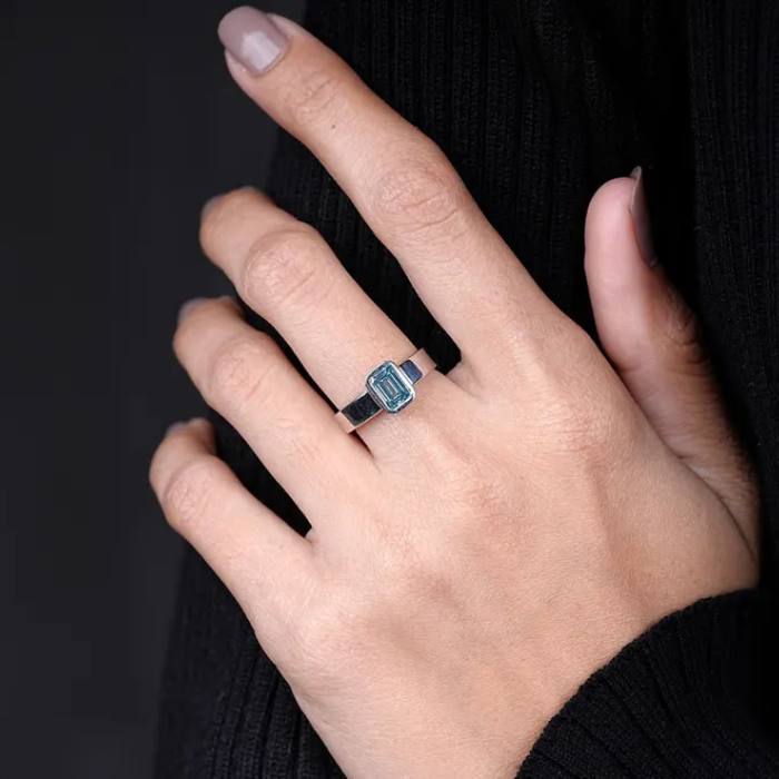 White Gold Ring with Emerald Cut Blue Gemstone - 02