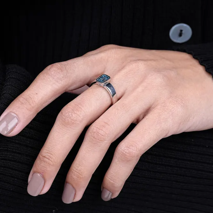 White Gold Ring with Emerald Cut Blue Gemstone - 05