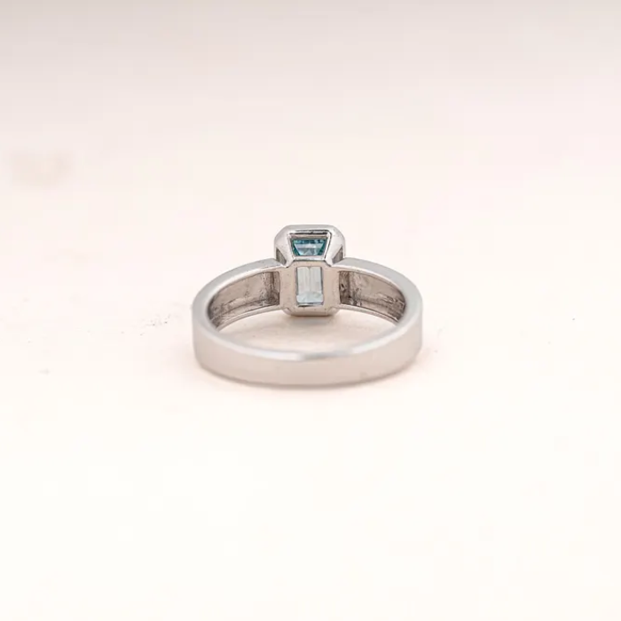 White Gold Ring with Emerald Cut Blue Gemstone - 07
