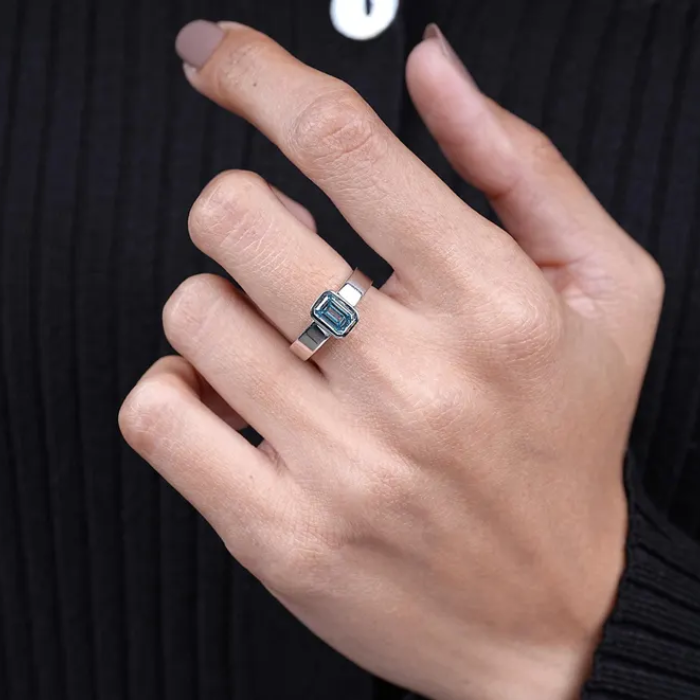 White Gold Ring with Emerald Cut Blue Gemstone - 09