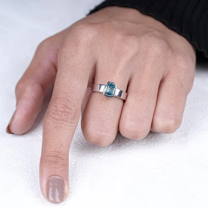 White Gold Ring with Emerald Cut Blue Gemstone - 10