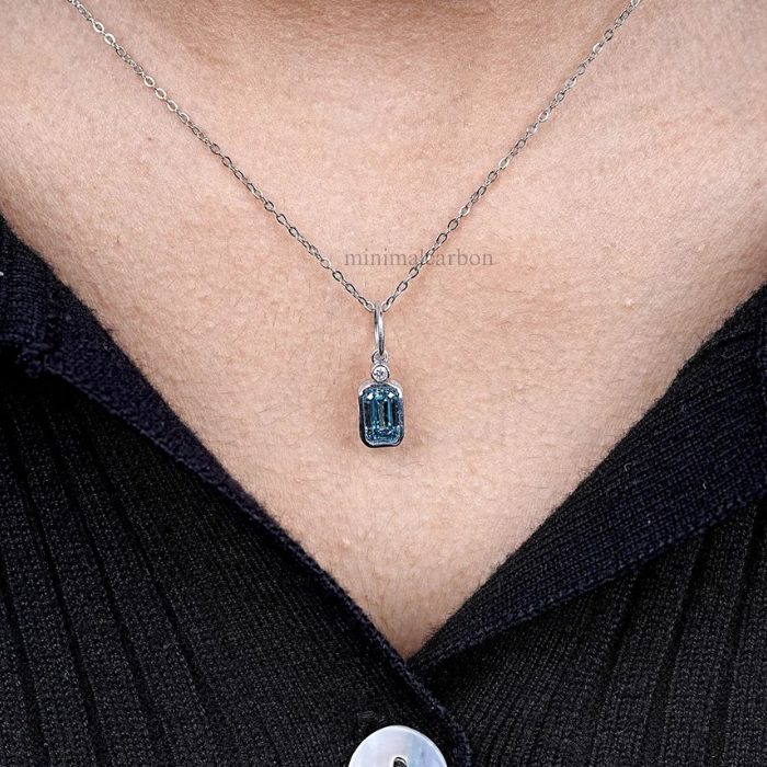 Emerald Cut Blue Lab Grown Diamond Pendant