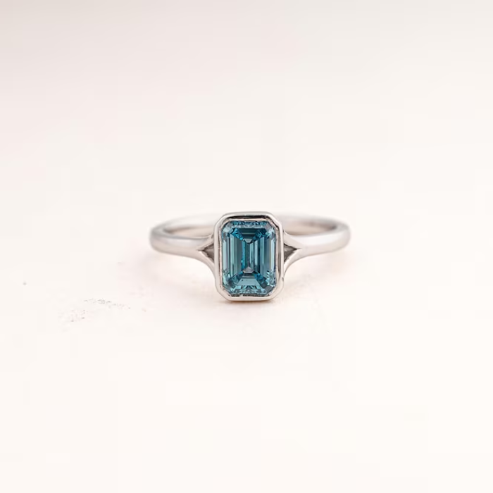 Emerald Cut Blue Sapphire Solitaire Bezel Ring