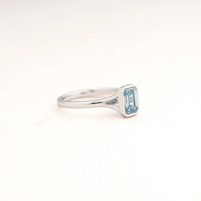 Emerald Cut Blue Sapphire Solitaire Bezel Ring