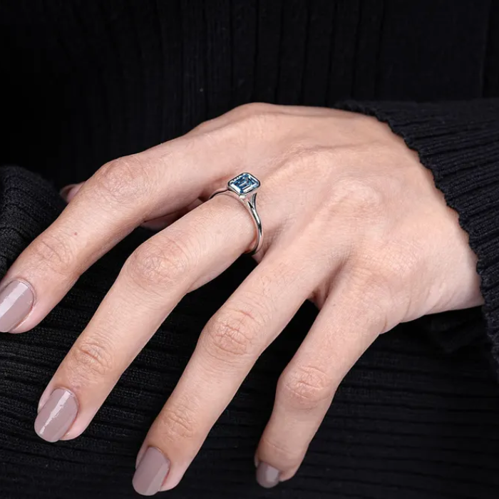 Emerald Cut Blue Sapphire Solitaire Bezel Ring