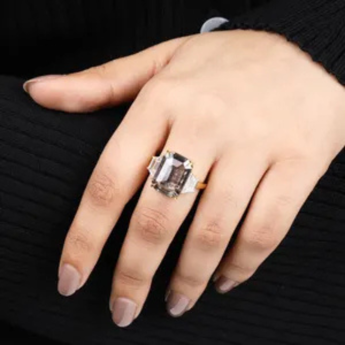 Emerald Cut Salt and Pepper Diamond Three Stone Engagement Ring - Minimal Carbon