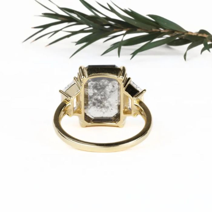 Emerald Cut Salt and Pepper Diamond Three Stone Engagement Ring - Minimal Carbon