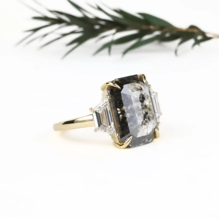 Emerald Cut Salt and Pepper Diamond Three Stone Engagement Ring - Minimal Carbon